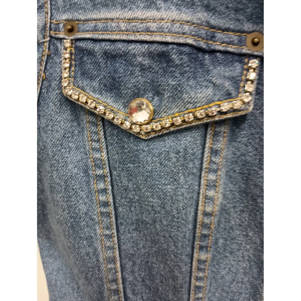 VTG‎ Y2K Limited Jeans Denim Vest Womens Medium Blue Rhinestone Trim